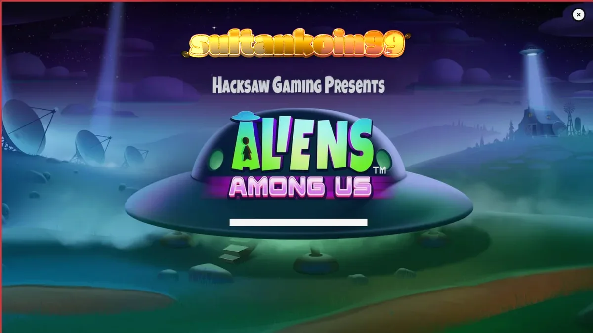 Tampilan visual slot Aliens Among Us dengan tema invasi alien dan agen FBI